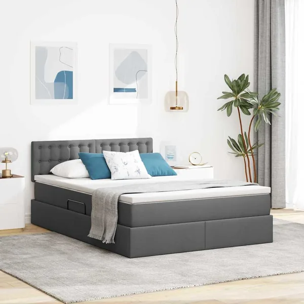 Lit de rangement LED avec matelas Gris foncé 140 x 190 cm Tissu