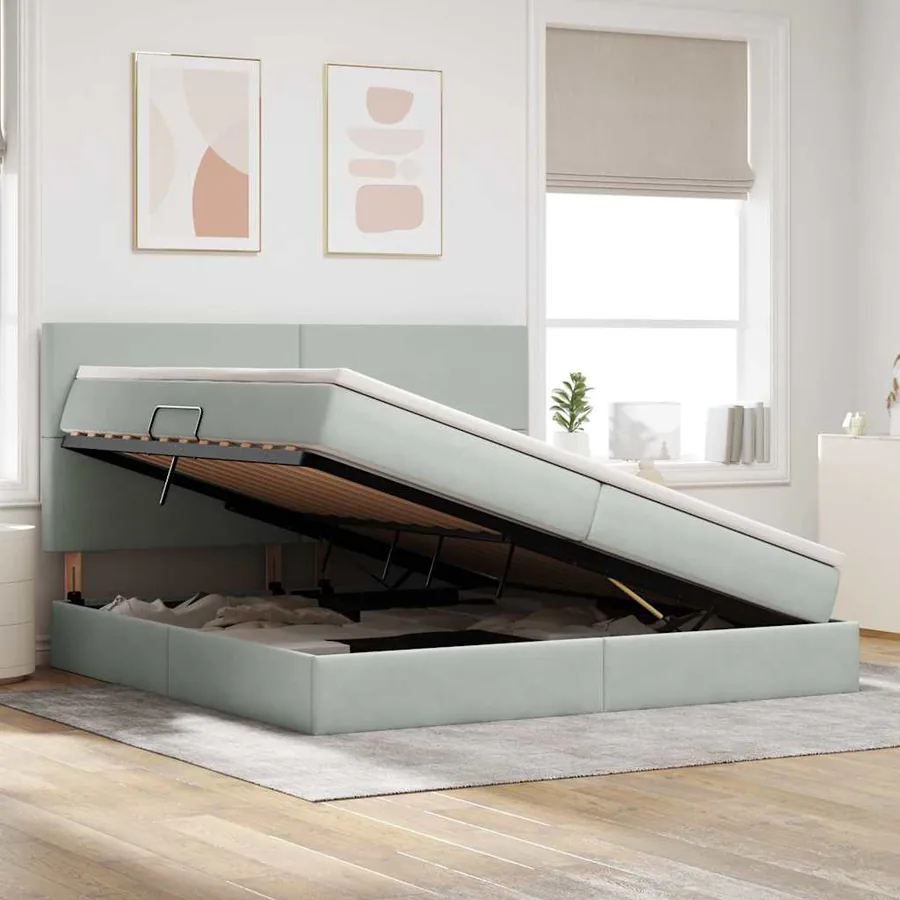 Lit avec rangement et matelas Gris clair 200 x 200 cm Velours - 4