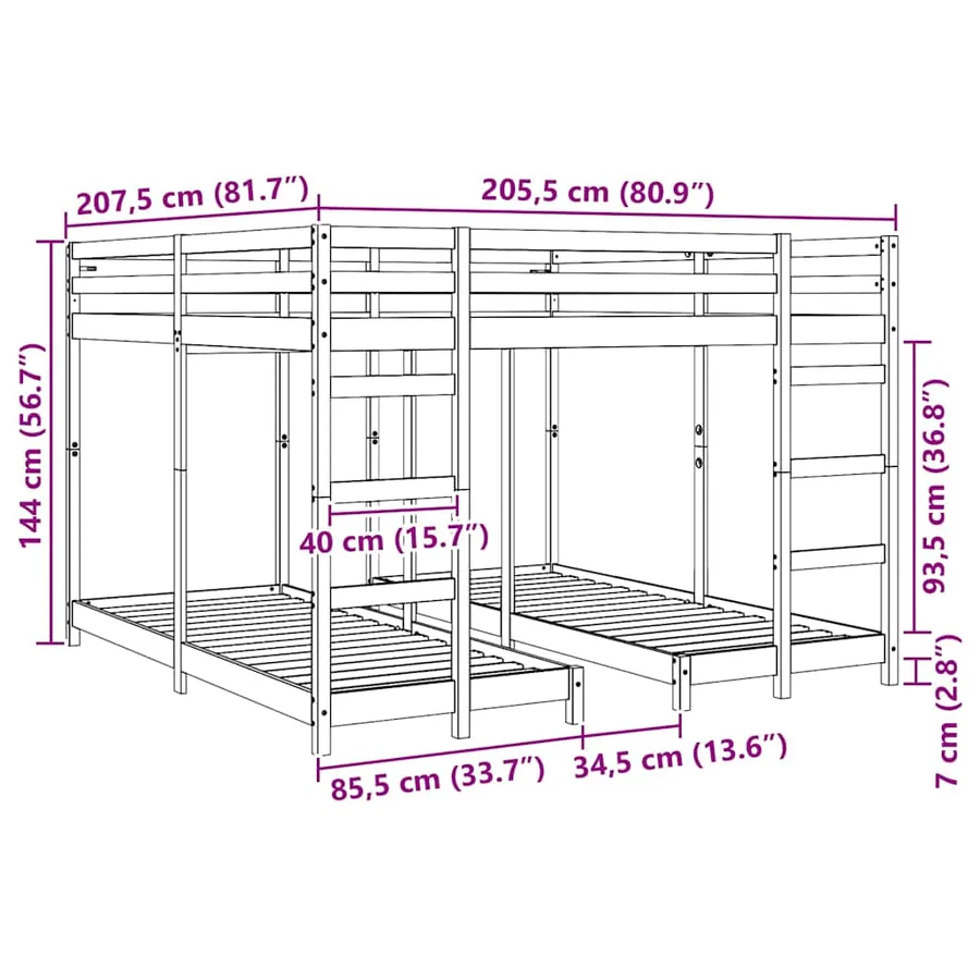 Cadre de lit superposé triple Blanc 200 x 200 cm Pin massif - 9