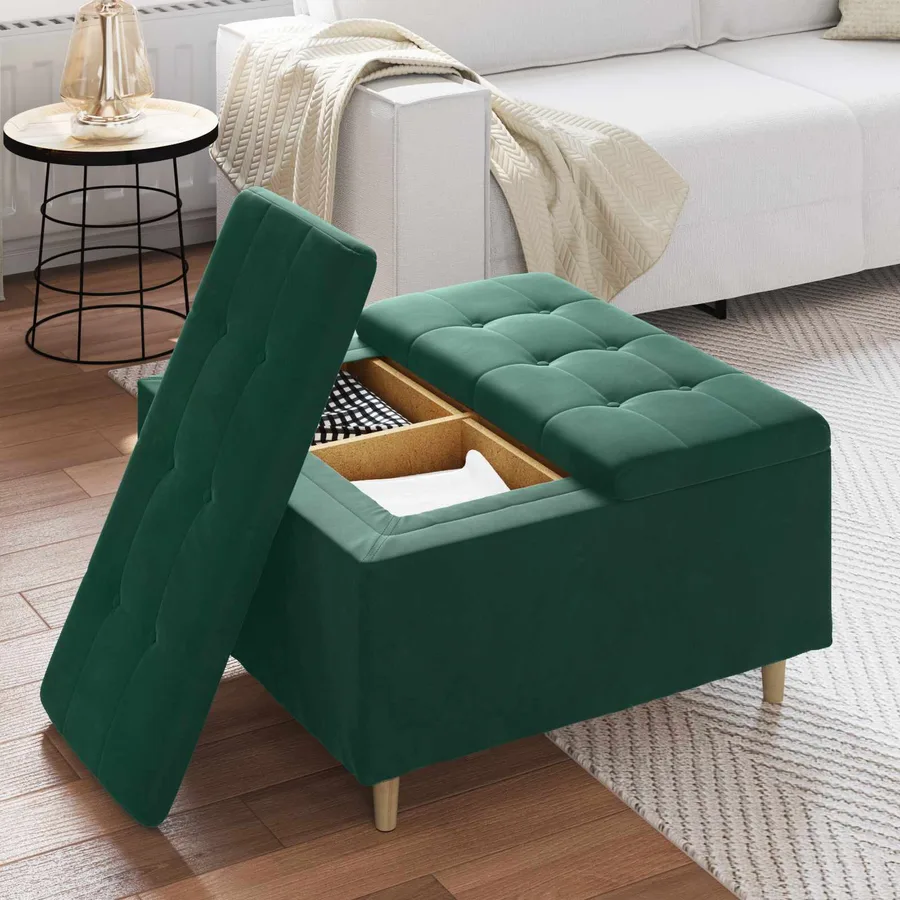Pouf de rangement Vert foncé 80 x 80 x 45 cm Velours - 4