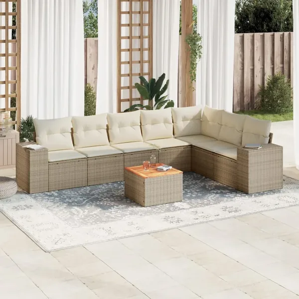 Salon de jardin avec coussins 8 pcs beige résine tressée