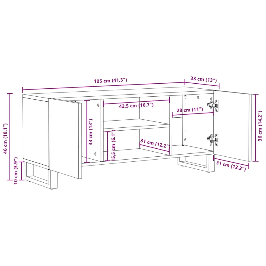 Meuble TV Marron 105 x 33 x 46 cm Bois de mangue massif - 11