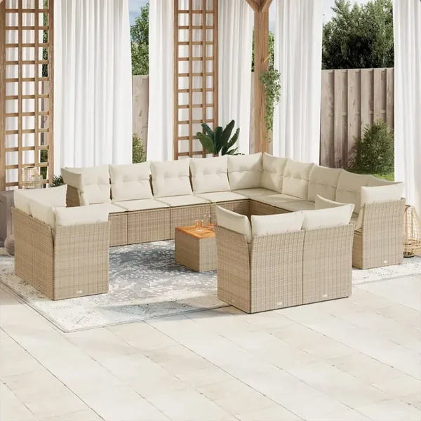 Salon de jardin avec coussins 14 pcs beige résine tressée