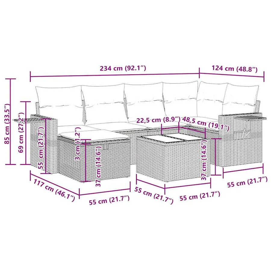Salon de jardin 7 pcs avec coussins noir résine tressée 55 x 62 x 69 cm - 61,2 kg - 15