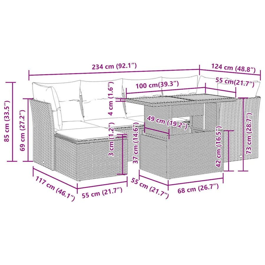 Salon de jardin 7 pcs avec coussins noir résine tressée 55 x 62 x 69 cm - 66,6 kg - 13
