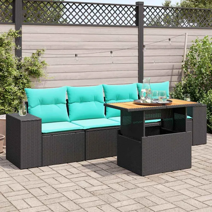 Salon de jardin 5 pcs avec coussins noir résine tressée