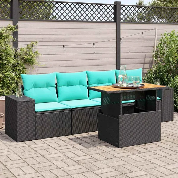 Salon de jardin 5 pcs avec coussins noir résine tressée