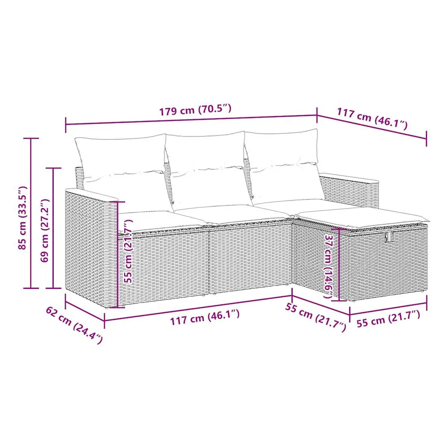 Salon de jardin 4 pcs avec coussins noir résine tressée - 12