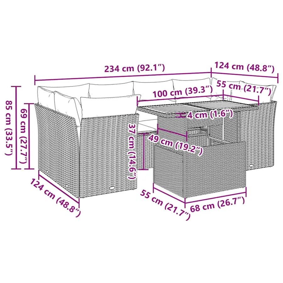 Salon de jardin 7 pcs avec coussins noir résine tressée 55 x 62 x 69 cm - 69,2 kg - 12