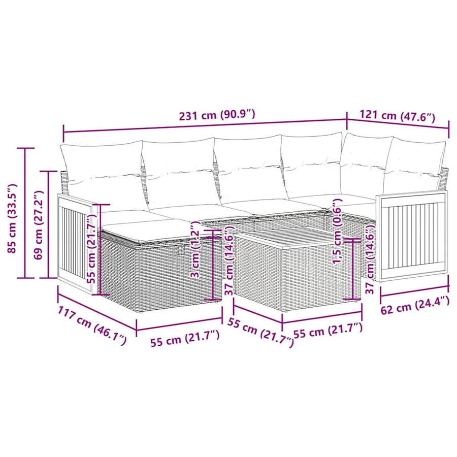 Salon de jardin 7 pcs avec coussins noir résine tressée 55 x 62 x 69 cm - 61,6 kg - 16