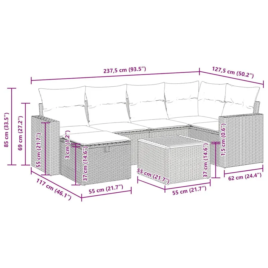 Salon de jardin 7 pcs avec coussins noir résine tressée 55 x 62 x 69 cm - 59,0 kg - 15