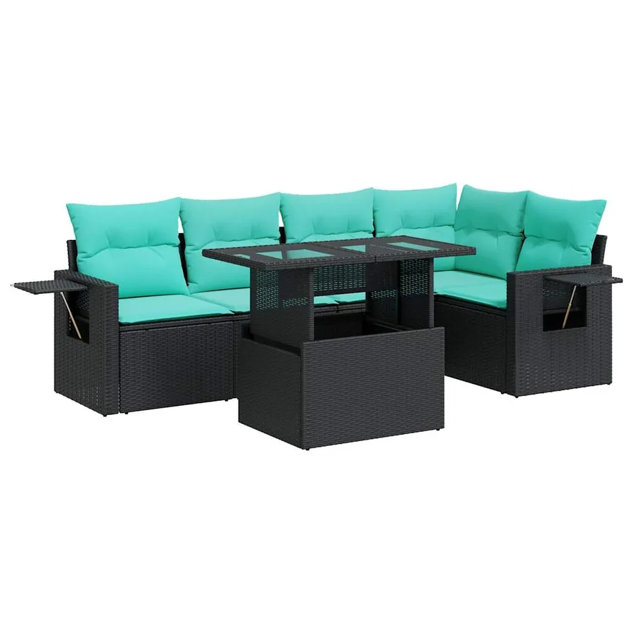 Salon de jardin 6 pcs avec coussins noir résine tressée acacia - 2