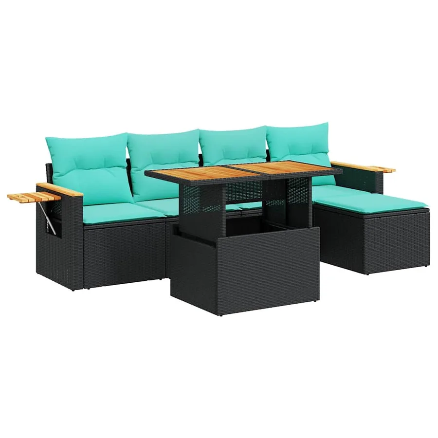 Salon de jardin 6 pcs avec coussins noir résine tressée acacia - 2