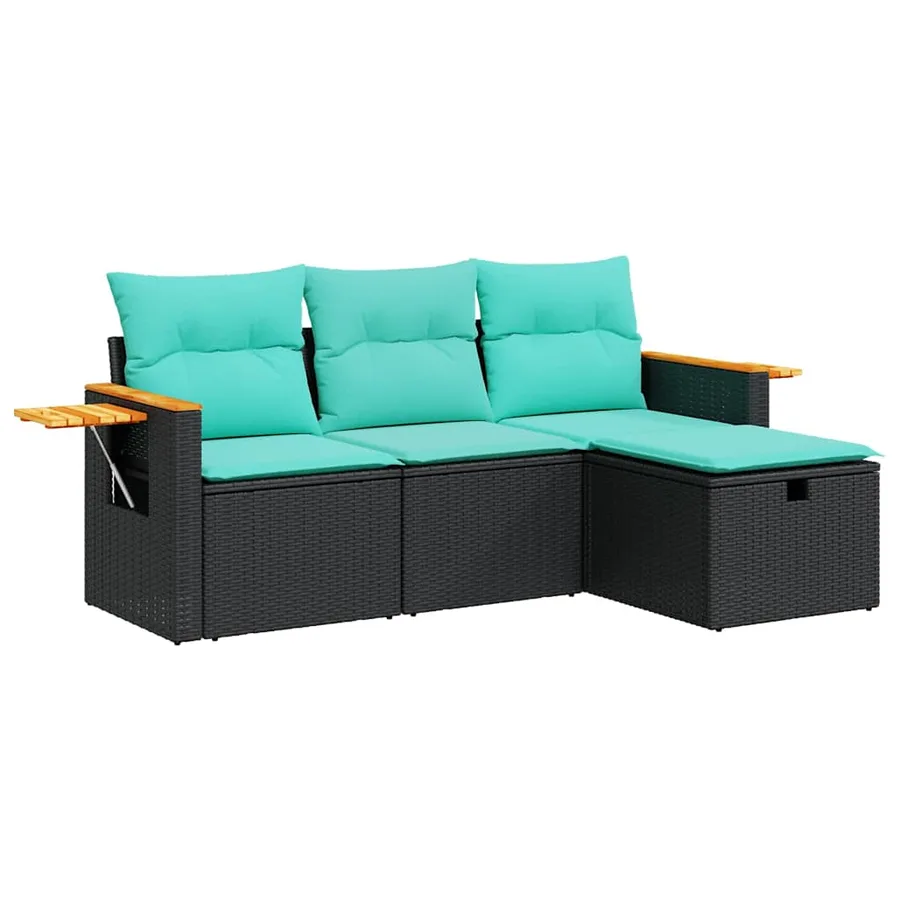Salon de jardin 4 pcs avec coussins noir résine tressée - 2