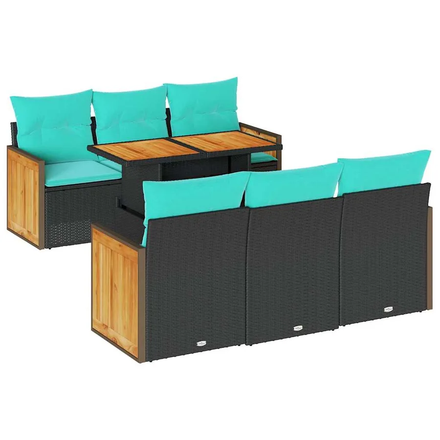 Salon de jardin avec coussins 7 pcs noir résine tressée acacia - 2