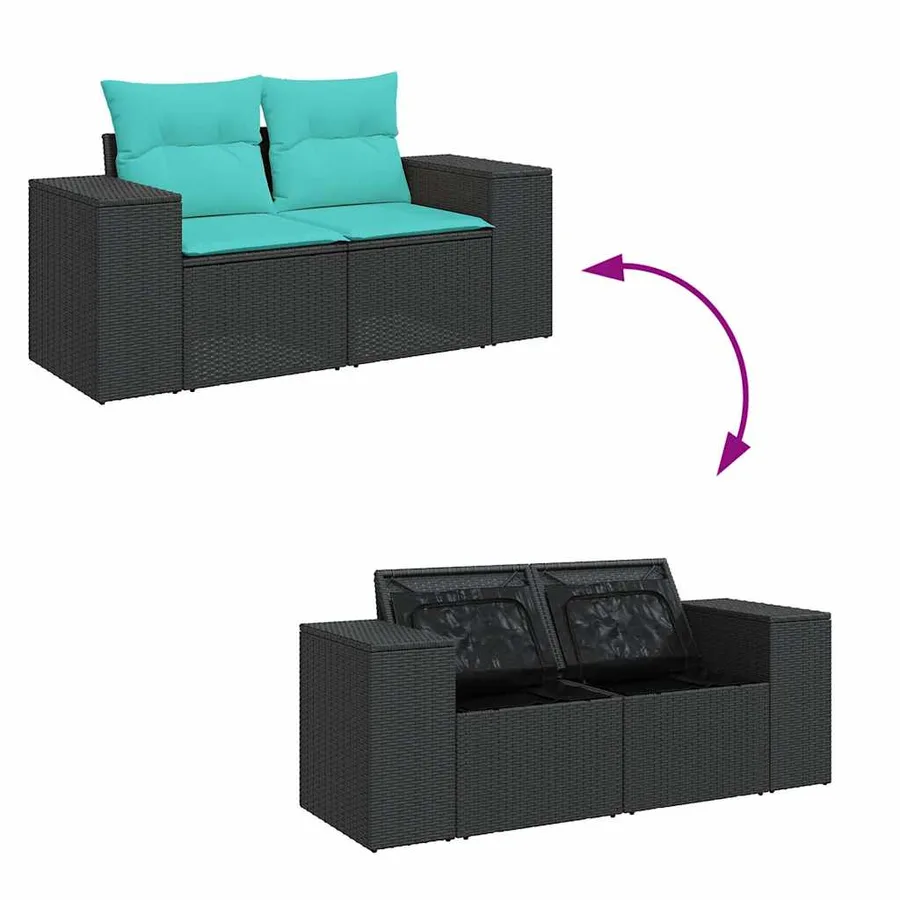 Salon de jardin 6 pcs avec coussins noir résine tressée acacia - 7