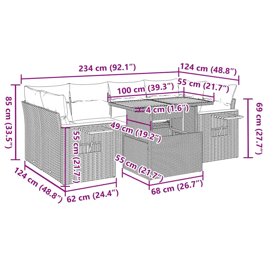 Salon de jardin 7 pcs avec coussins noir résine tressée 55 x 62 x 69 cm - 70,8 kg - 15