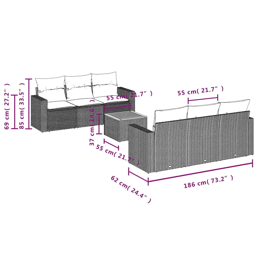 Salon de jardin 7 pcs avec coussins noir résine tressée 55 x 62 x 69 cm - 60,6 kg - 10