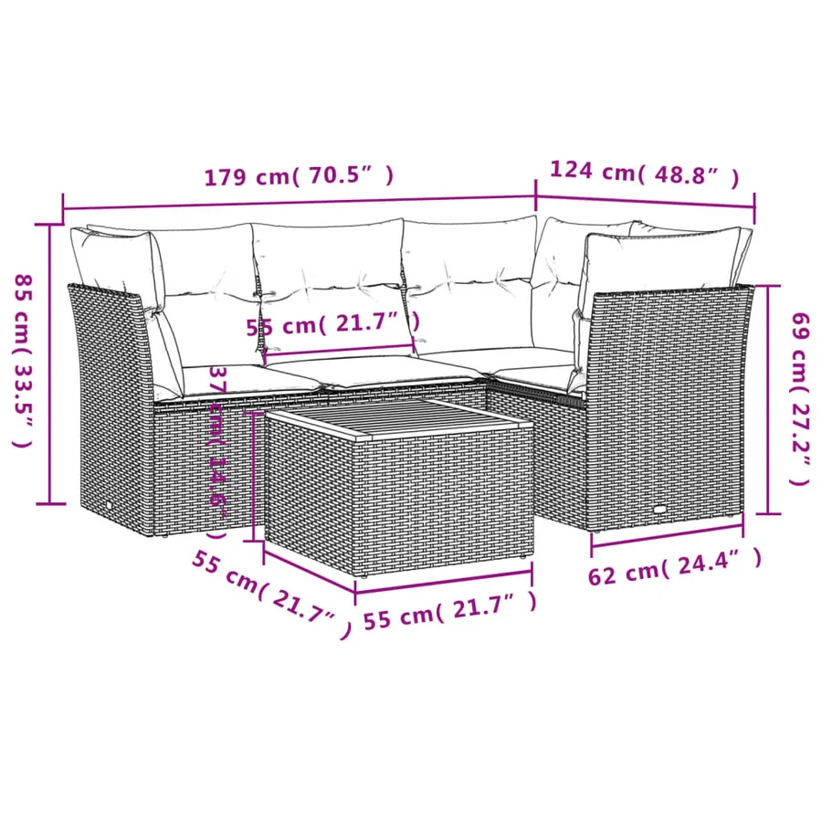 Salon de jardin 5 pcs avec coussins noir résine tressée - 10