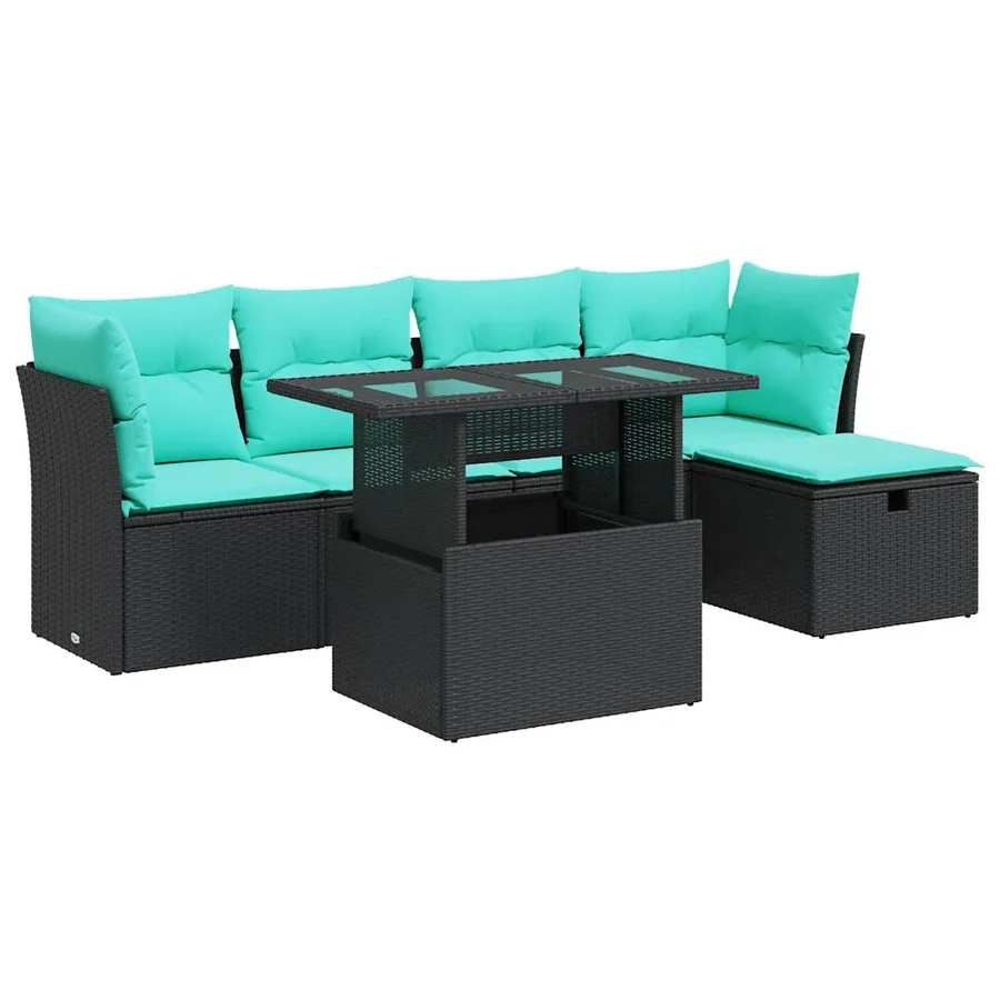 Salon de jardin 6 pcs avec coussins noir résine tressée acacia - 2