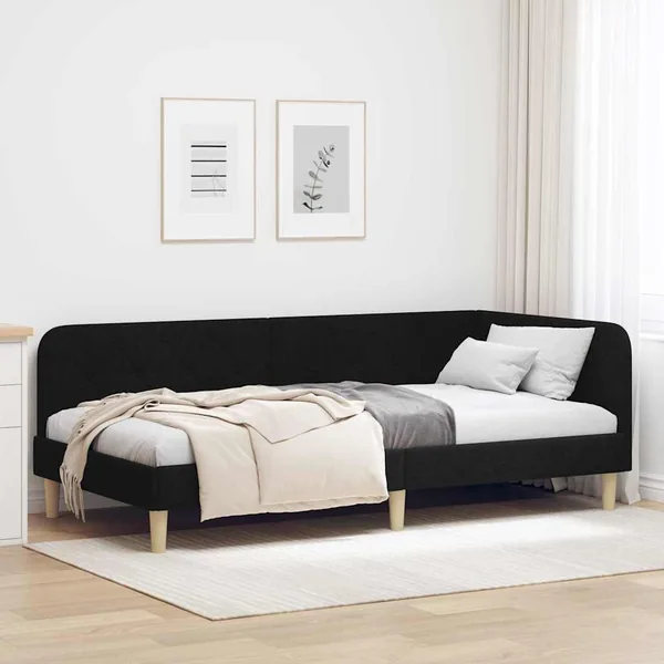 Cadre de lit d'angle Noir 90 x 190 cm tissu