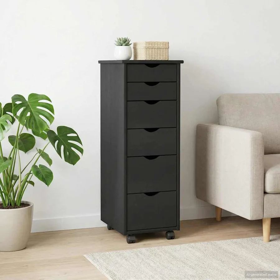 Cabinet roulant Noir 34 x 39 x 93,5 cm Bois de Pin Massif
