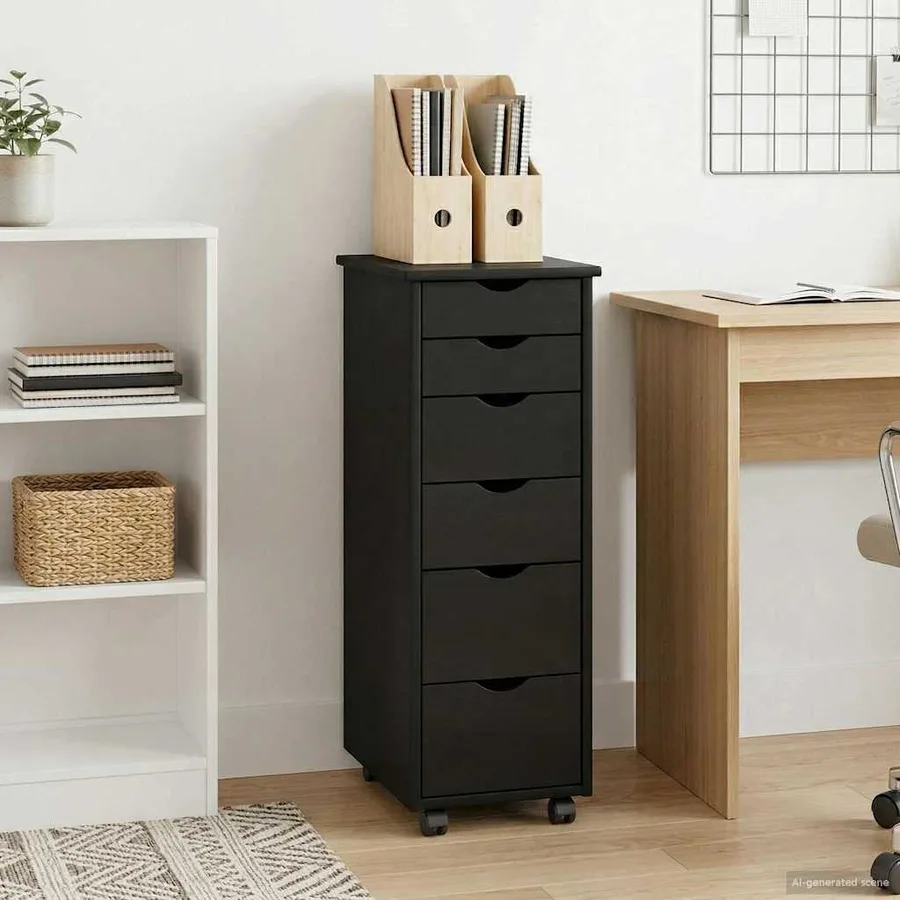 Cabinet roulant Noir 34 x 39 x 93,5 cm Bois de Pin Massif - 3