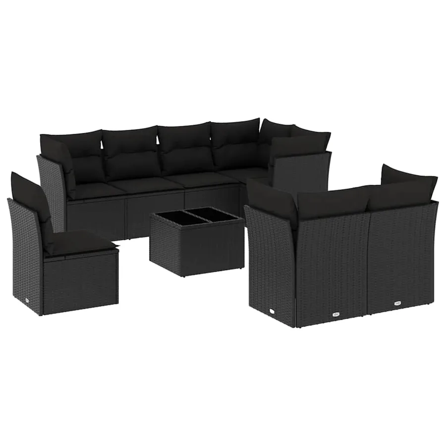 Salon de jardin 9 pcs avec coussins noir résine tressée - 2