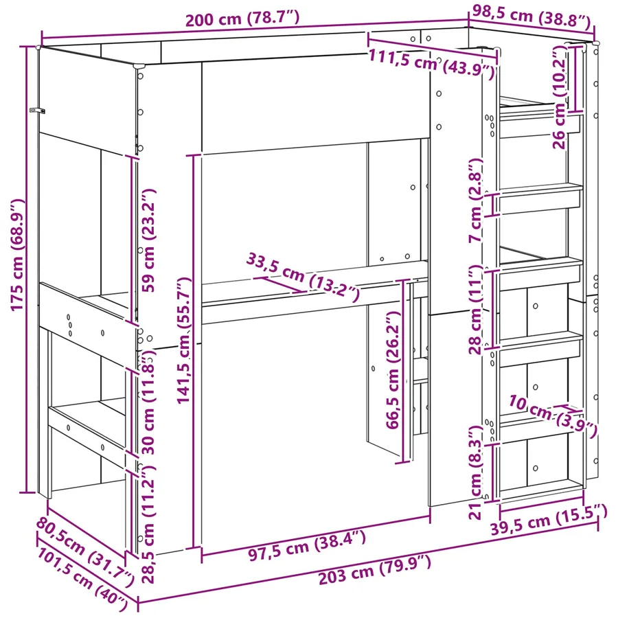 Cadre de lit superposé avec bureau Bois ancien 100 x 200 cm - 8