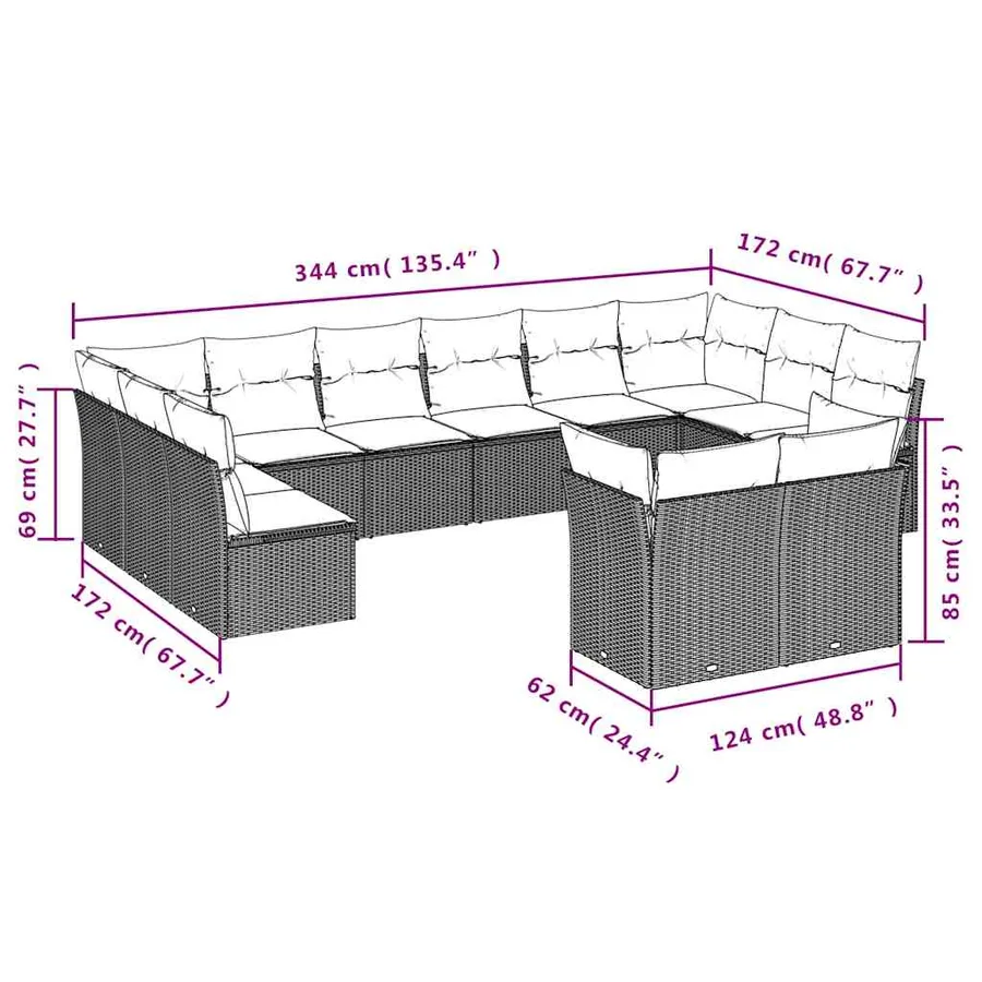 Salon de jardin 12 pcs avec coussins noir résine tressée - 3