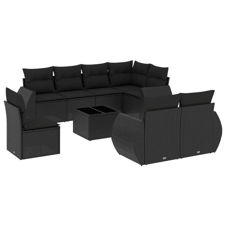 Salon de jardin 9 pcs avec coussins noir résine tressée - 2
