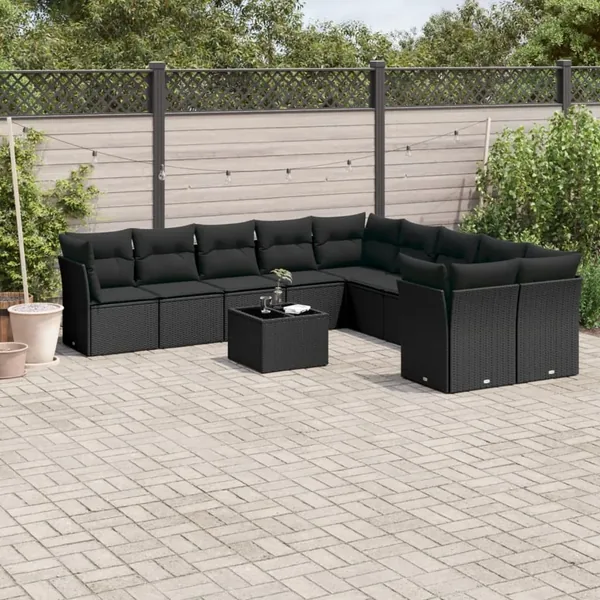 Salon de jardin 11 pcs avec coussins noir résine tressée