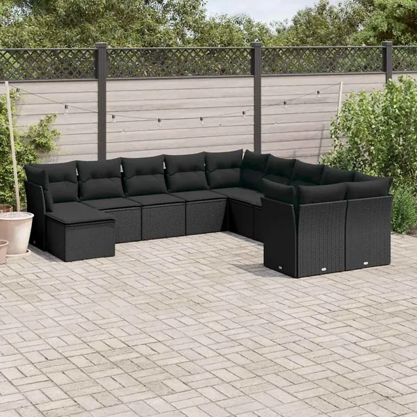 Salon de jardin 11 pcs avec coussins noir résine tressée