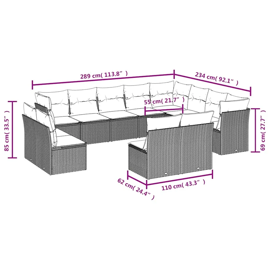 Salon de jardin 12 pcs avec coussins noir résine tressée - 3