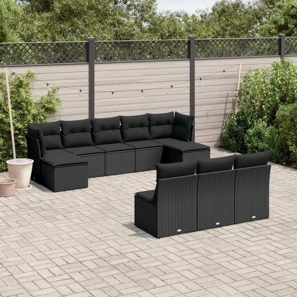 Salon de jardin 10 pcs avec coussins noir résine tressée