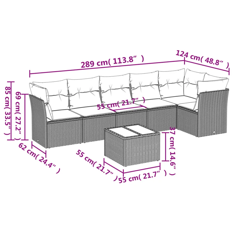 Salon de jardin 7 pcs avec coussins noir résine tressée 55 x 62 x 69 cm - 56,6 kg - 3