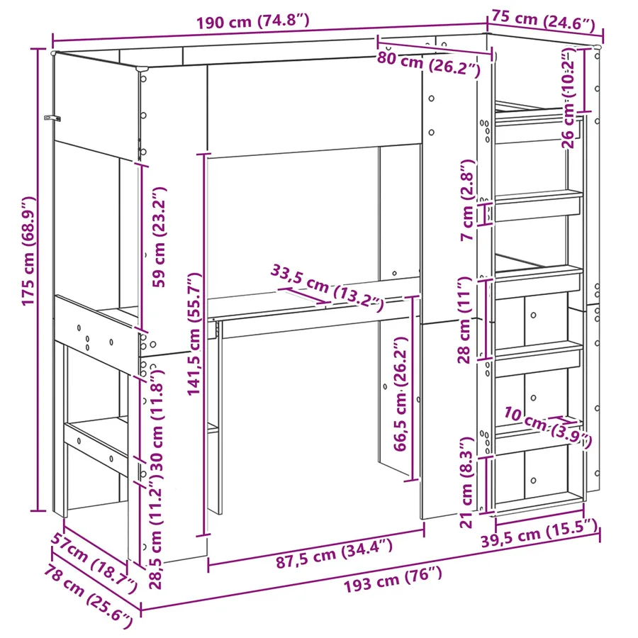 Cadre de lit superposé avec bureau Bois ancien 75 x 190 cm - 8