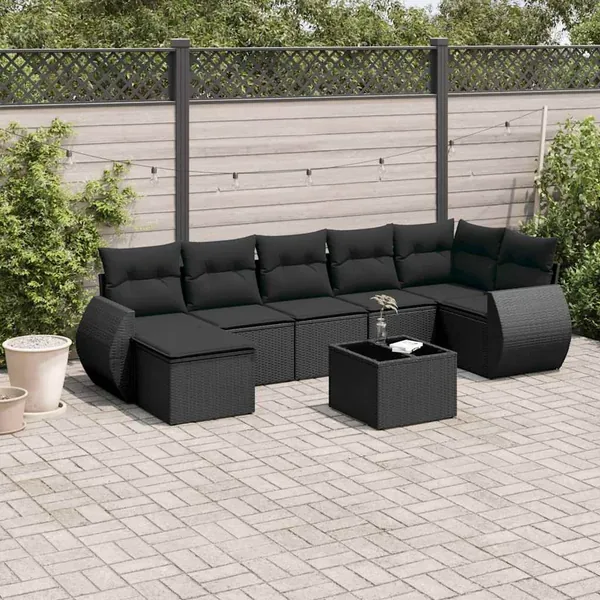 Salon de jardin 8 pcs avec coussins noir résine tressée