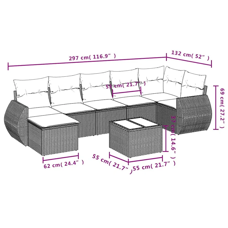Salon de jardin 8 pcs avec coussins noir résine tressée - 9