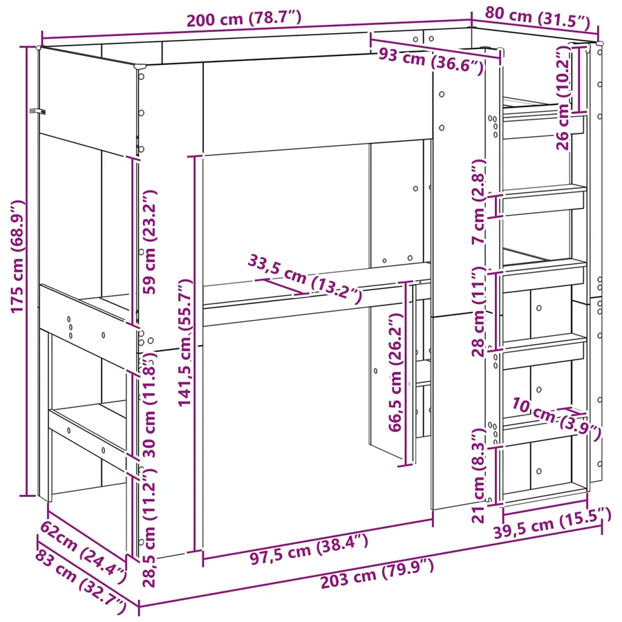 Cadre de lit superposé avec bureau Chêne artisanal 80 x 200 cm - 11