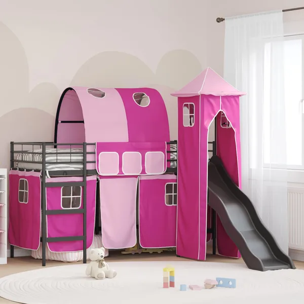 Lit mezzanine pour enfants Uni Noir et rose 90 x 190 cm métal