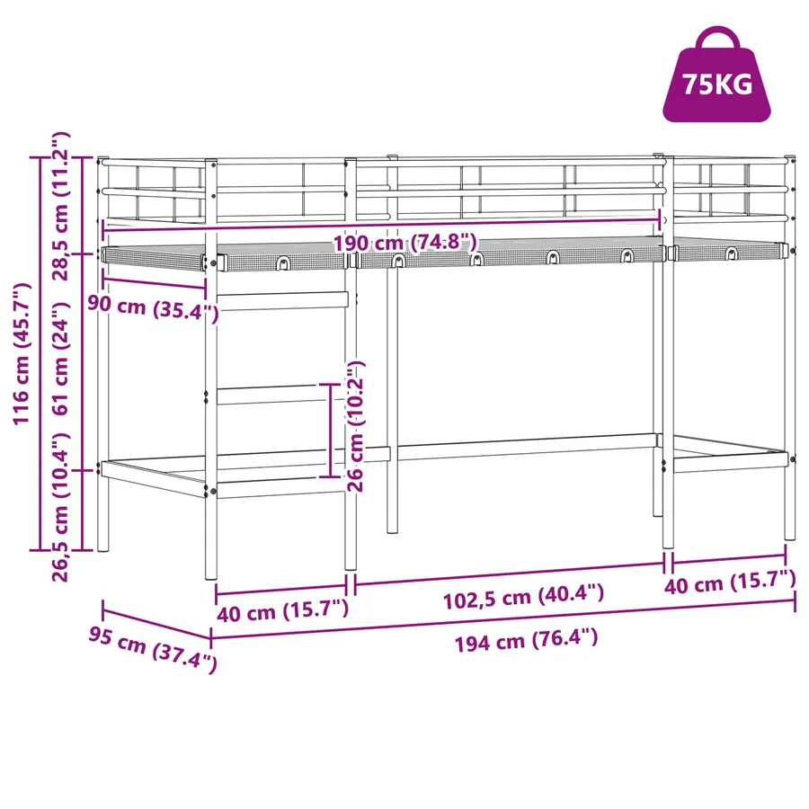 Lit mezzanine pour enfants Uni Noir et rose 90 x 190 cm métal - 14