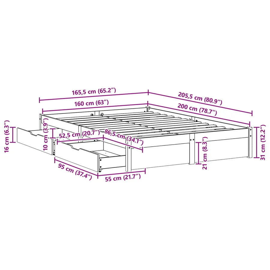 Cadre de lit avec tiroir 3 pcs Cire marron Bois de Pin Massif - 10