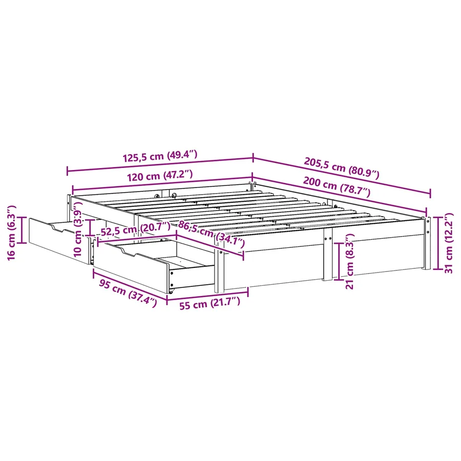 Cadre de lit avec tiroir 3 pcs Cire marron Bois de Pin Massif - 8