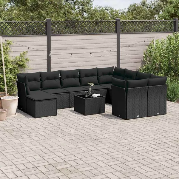 Salon de jardin 11 pcs avec coussins noir résine tressée