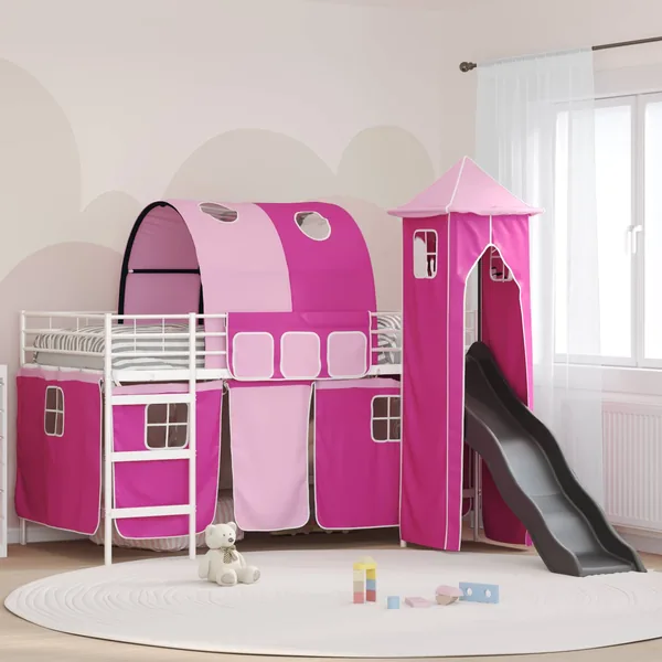 Lit mezzanine pour enfants Uni Blanc et rose 90 x 200 cm métal