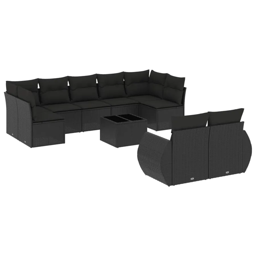 Salon de jardin 10 pcs avec coussins noir résine tressée - 2