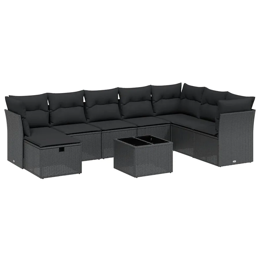 Salon de jardin 9 pcs avec coussins noir résine tressée - 2