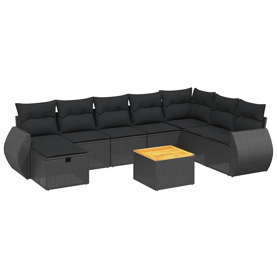 Salon de jardin 9 pcs avec coussins noir résine tressée - 2