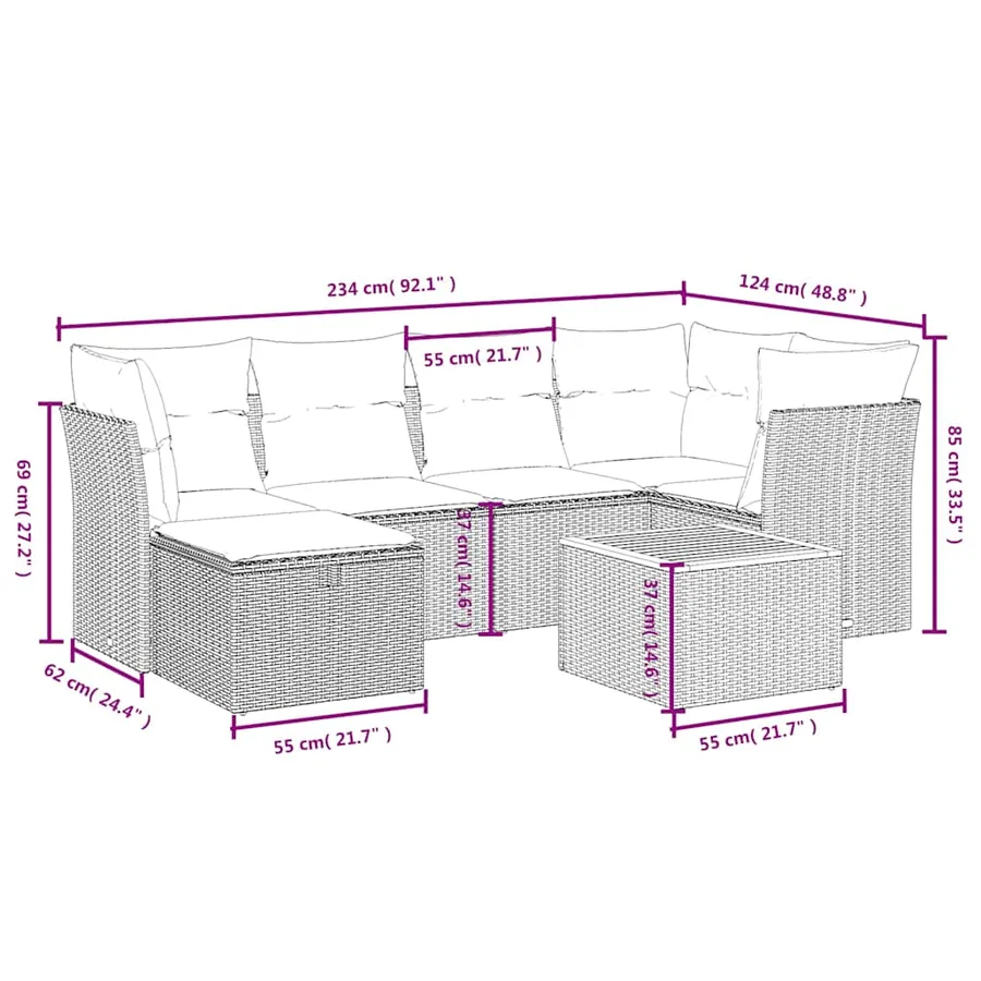 Salon de jardin 7 pcs avec coussins noir résine tressée 62 x 62 x 69 cm - 57,3 kg - 4